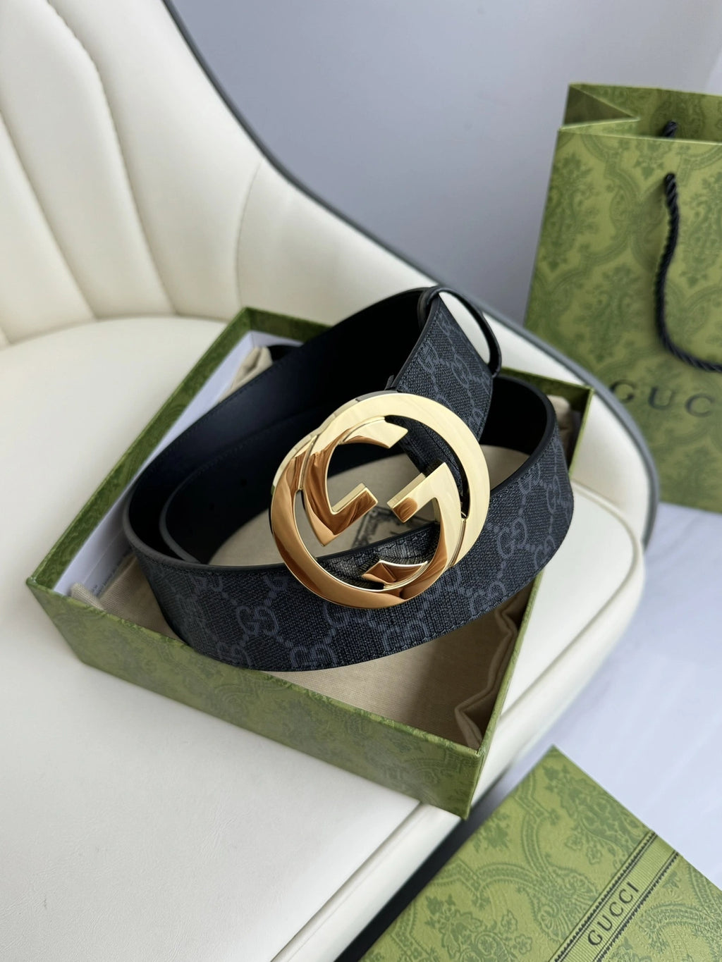Gucci Inspired Premium Leather Belt with Gold Interlocking G Buckle - Hình 3