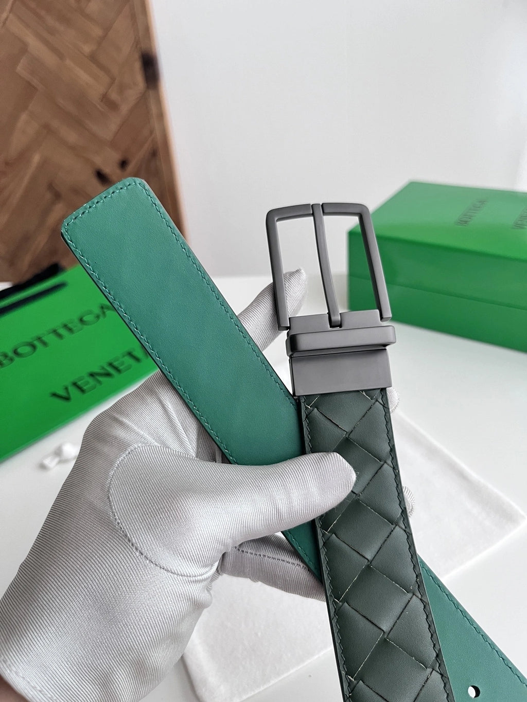 Premium Quality Woven Leather Belt in Green - Hình 3
