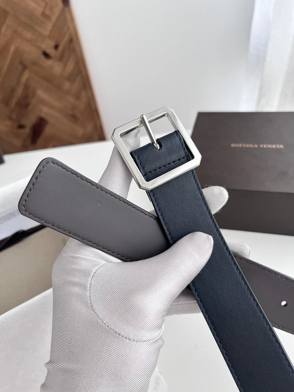 Premium Navy Blue Leather Belt with Square Buckle - Hình 3