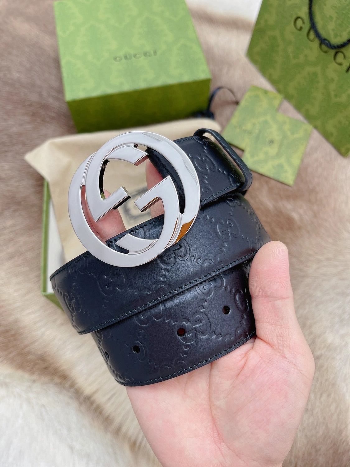 Gucci Interlocking G Black Leather Belt - Hình 3
