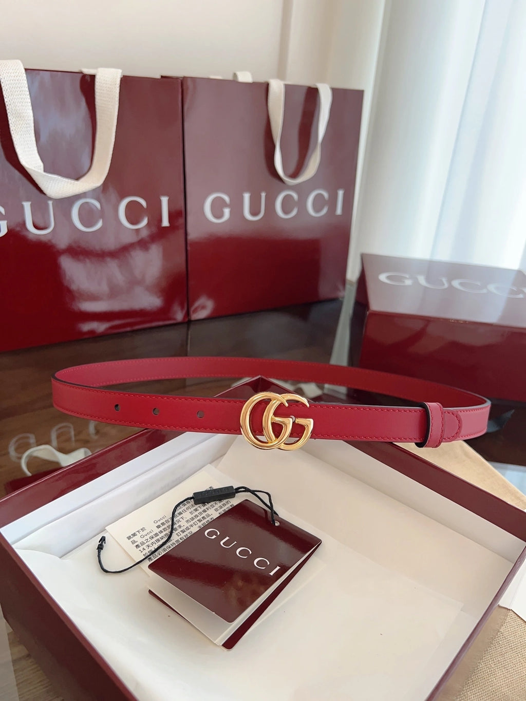 Gucci Red Leather Belt with Gold GG Buckle - Hình 3