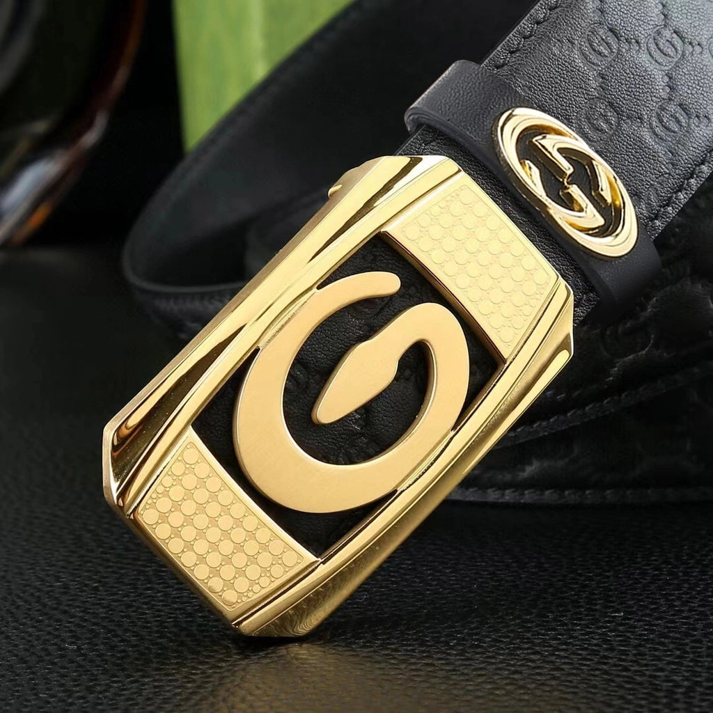 Premium black leather belt with iconic "G" buckle - Hình 4
