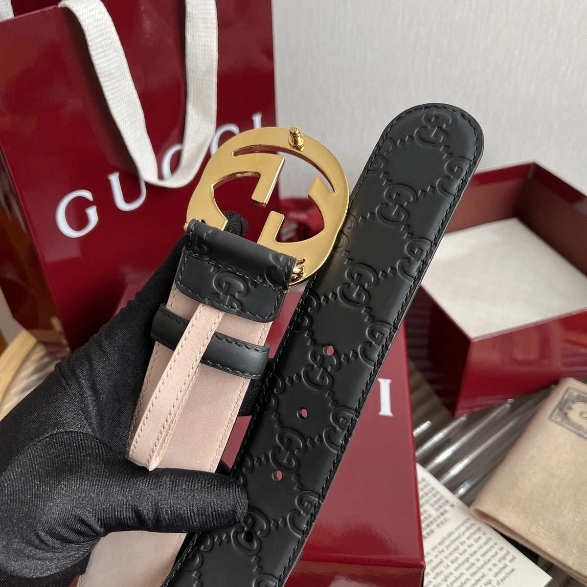 Gucci Inspired Premium Leather Belt with Gold Buckle - Hình 3