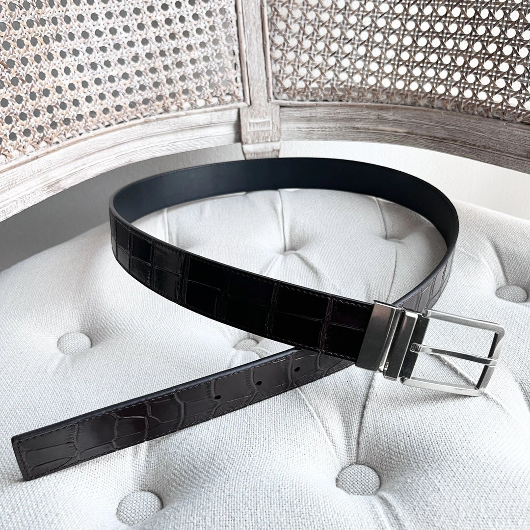 Premium Crocodile Embossed Leather Belt with Reversible Buckle - Hình 4