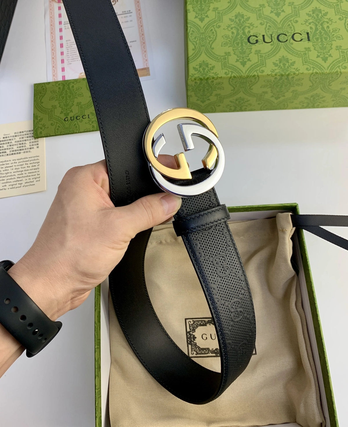 Premium black leather belt with gold and silver Gucci-inspired buckle - Hình 2