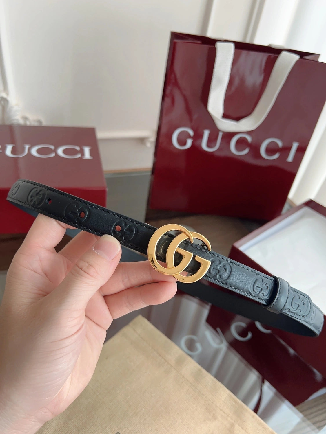Premium Black Leather Belt with Gold GG Buckle - Hình 4