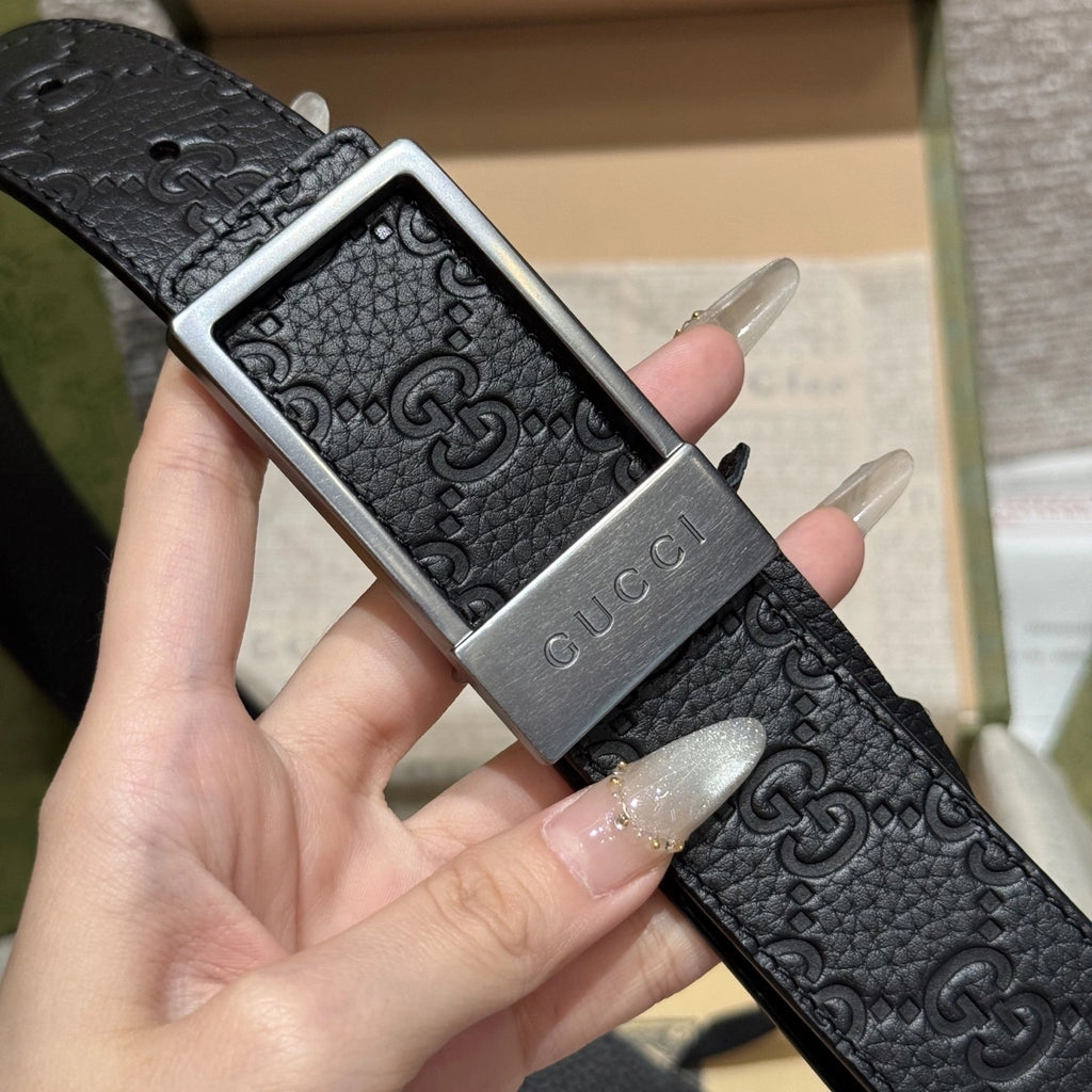 Gucci Signature Black Leather Belt with Silver Buckle - Hình 4