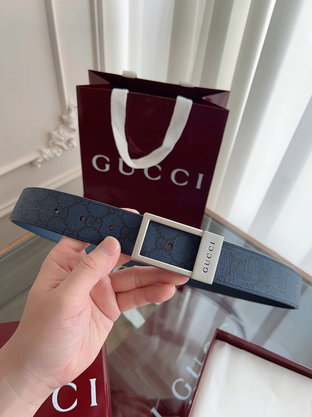 Gucci Premium Leather Belt Blue GG Pattern - Hình 4