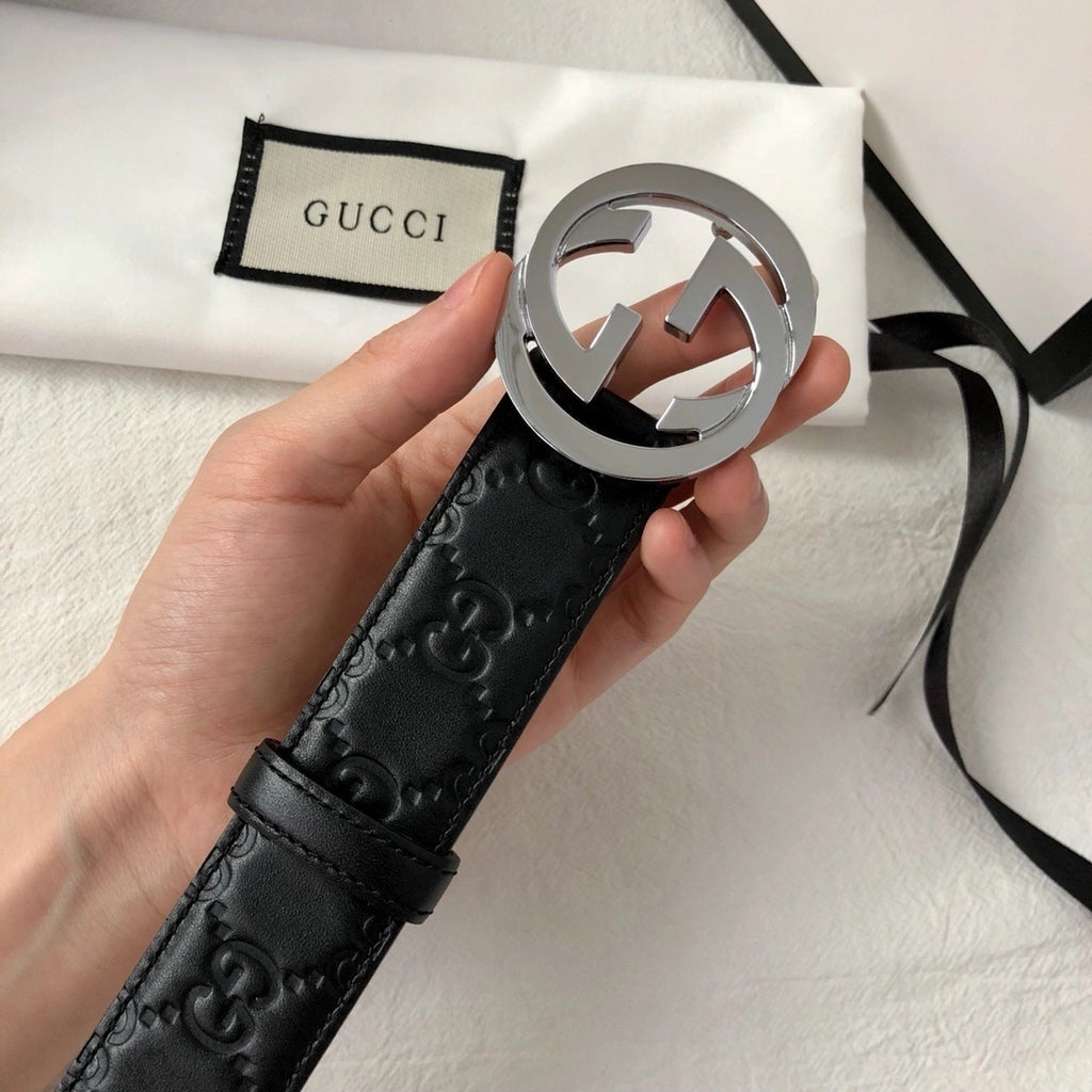 Gucci Black GG Embossed Leather Belt with Silver Buckle - Hình 4