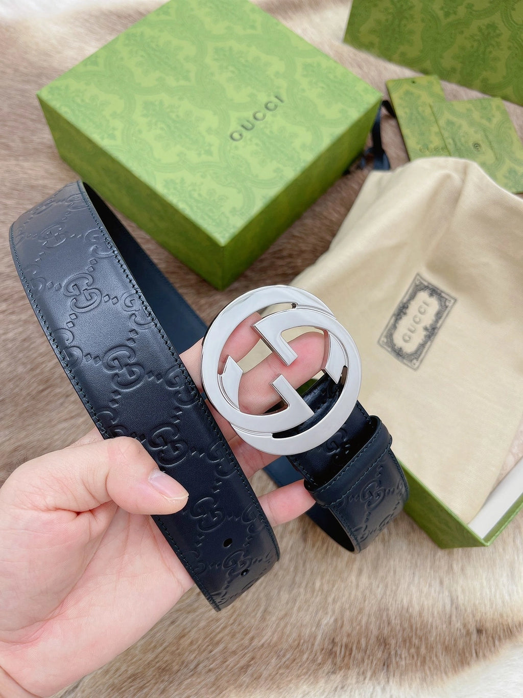 Gucci Interlocking G Black Leather Belt - Hình 4