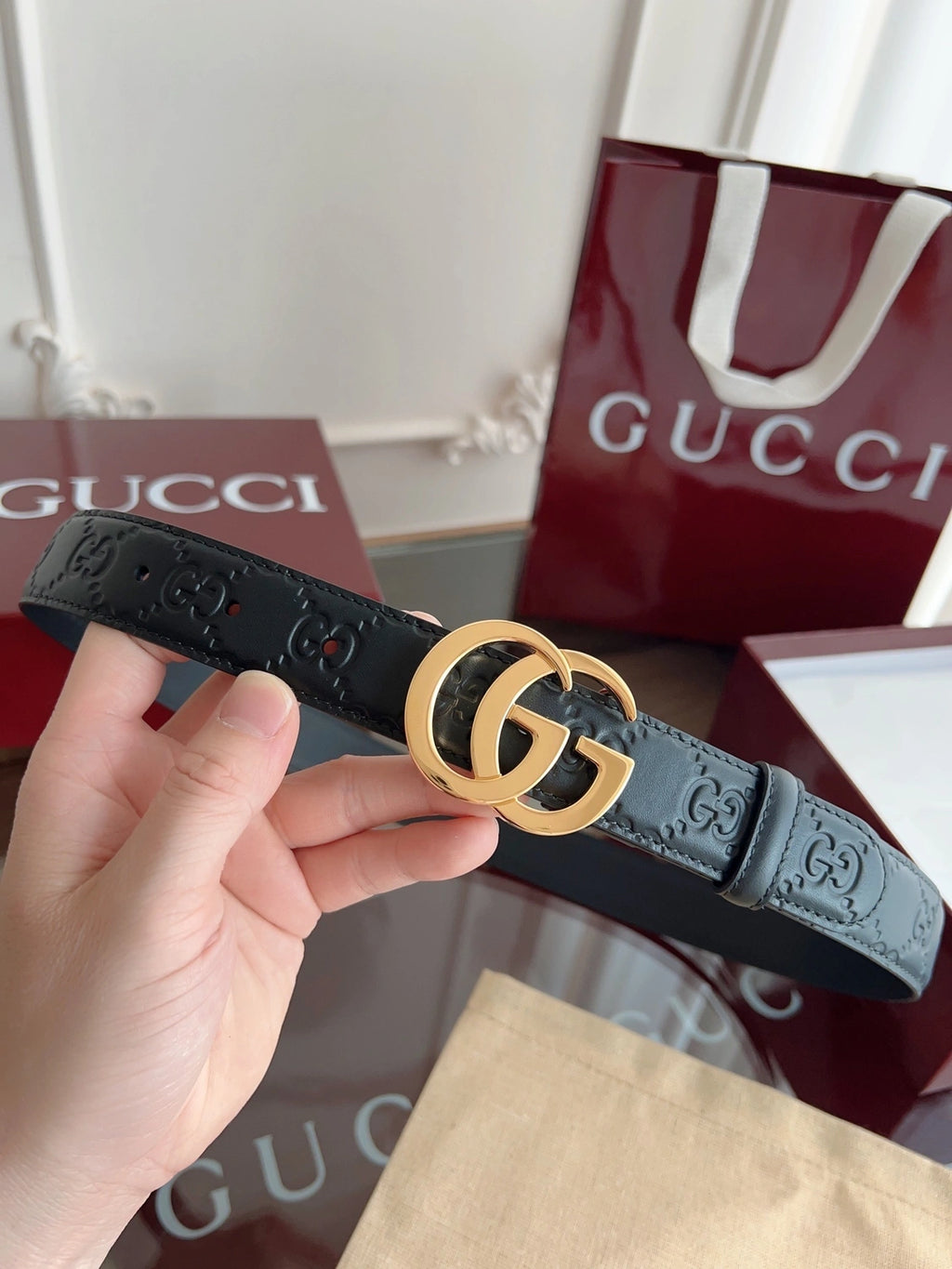 Premium Black Leather Belt with Gold GG Buckle - Hình 3