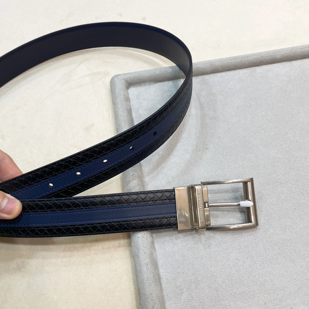 Bottega Veneta Premium Leather Belt Blue and Black - Hình 4
