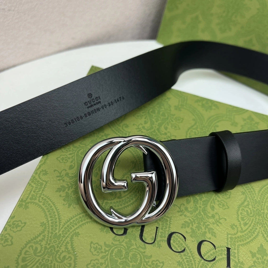 Premium blue pattern leather belt with gold buckle - Hình 4