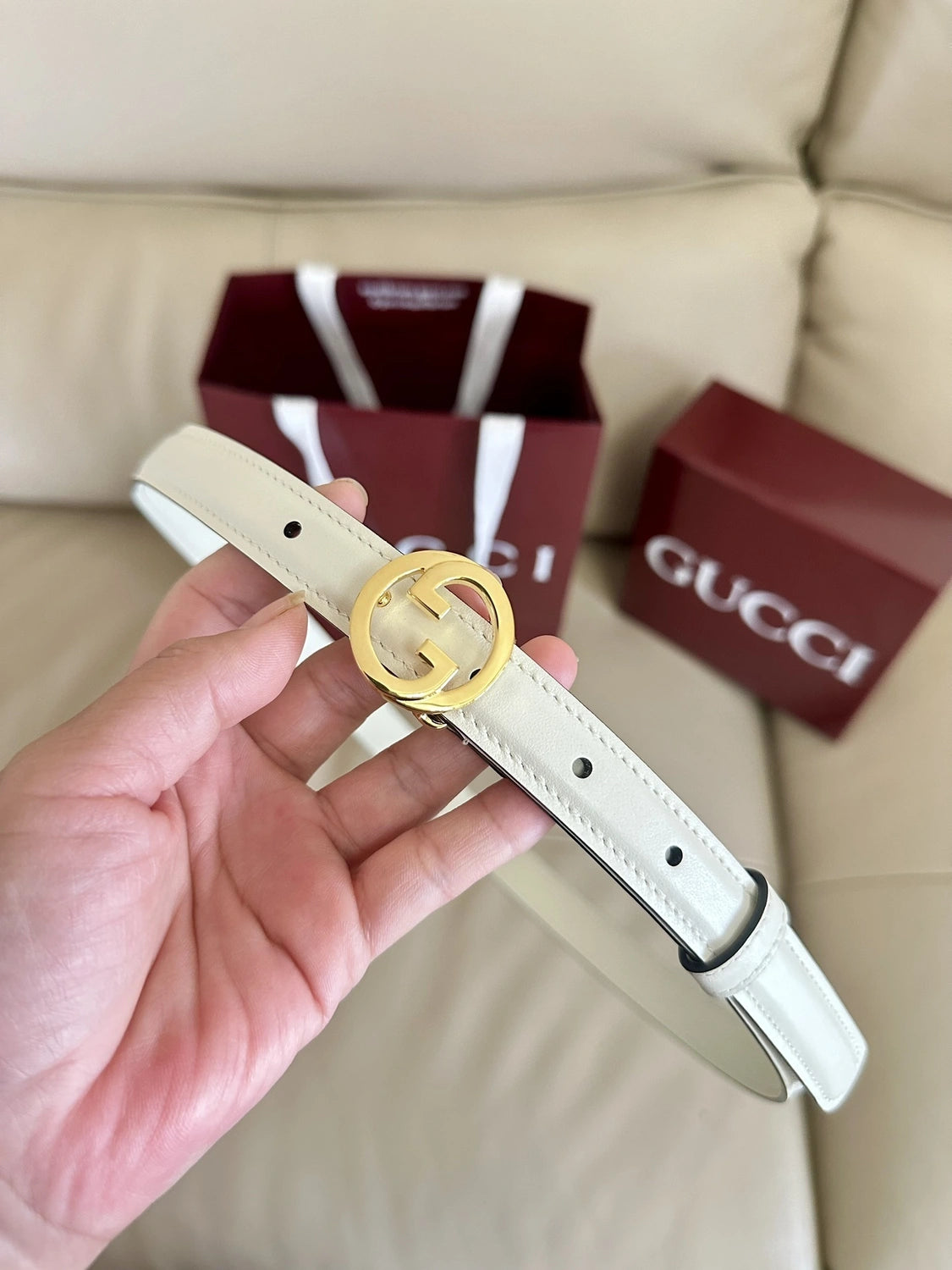 Ivory Leather Belt with Gold Gucci Inspired Buckle - Hình 4