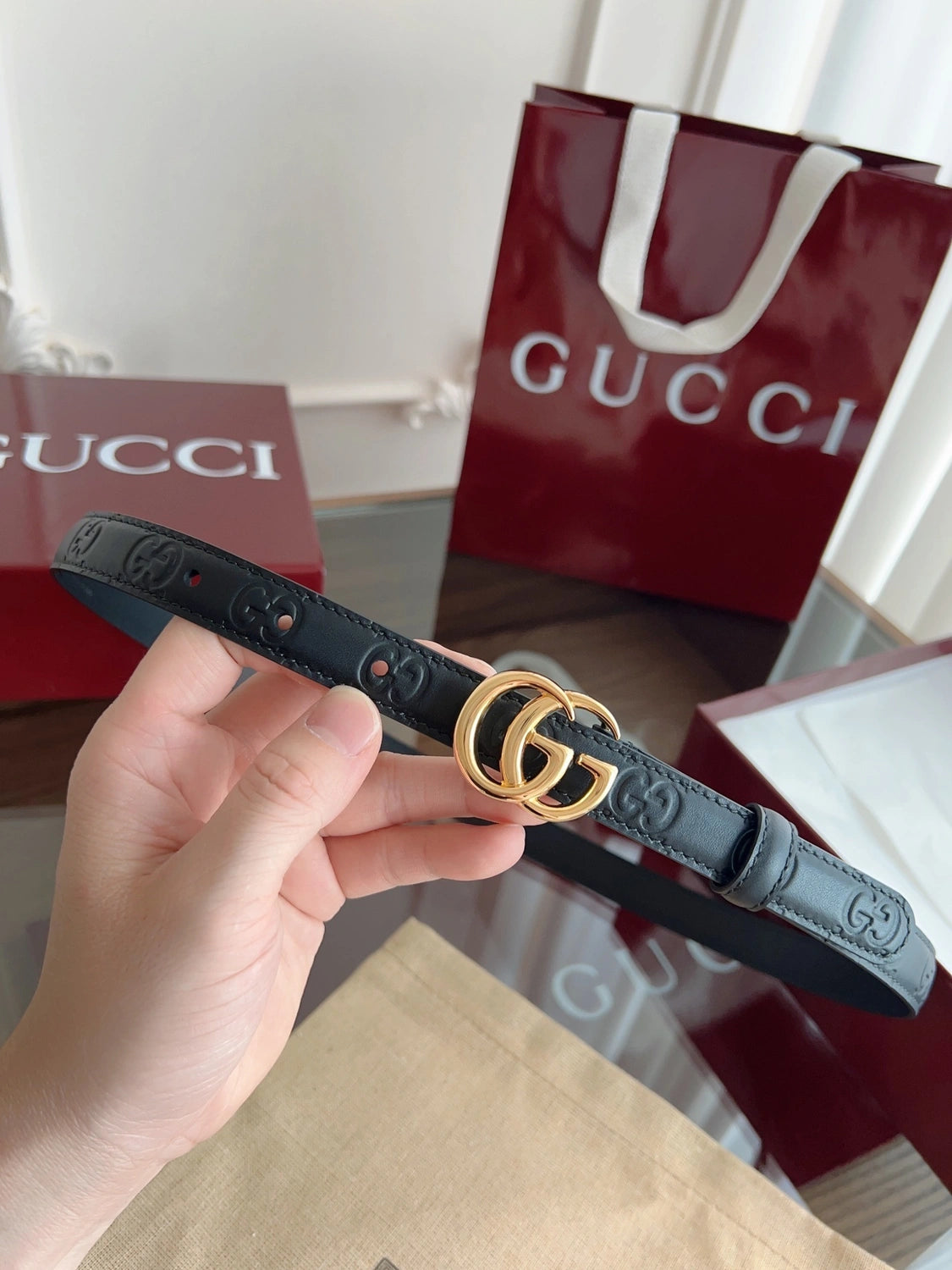Premium Black Leather Belt with Gold GG Buckle - Hình 4
