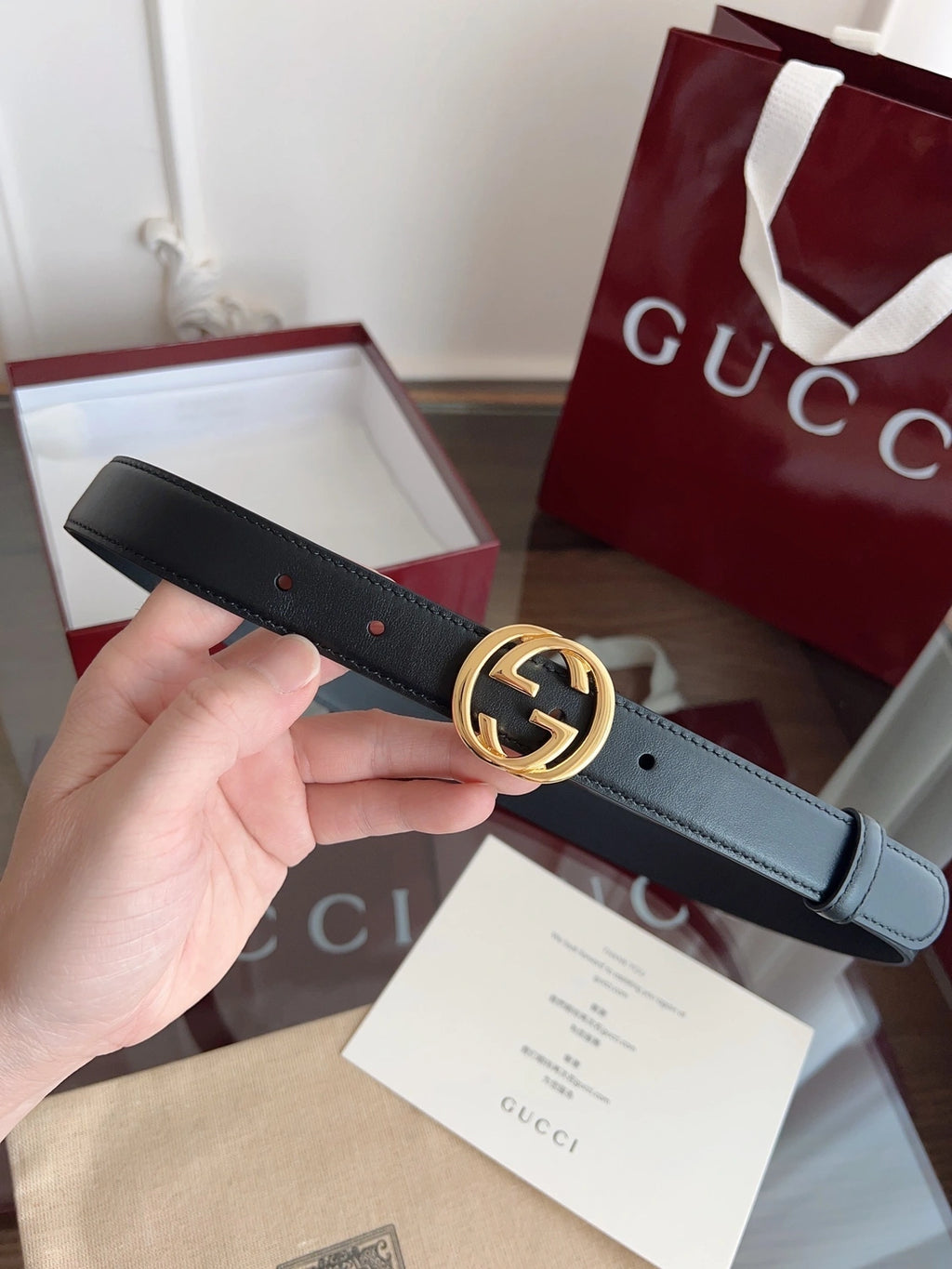 Gucci Premium Leather Belt with Gold GG Buckle - Hình 3