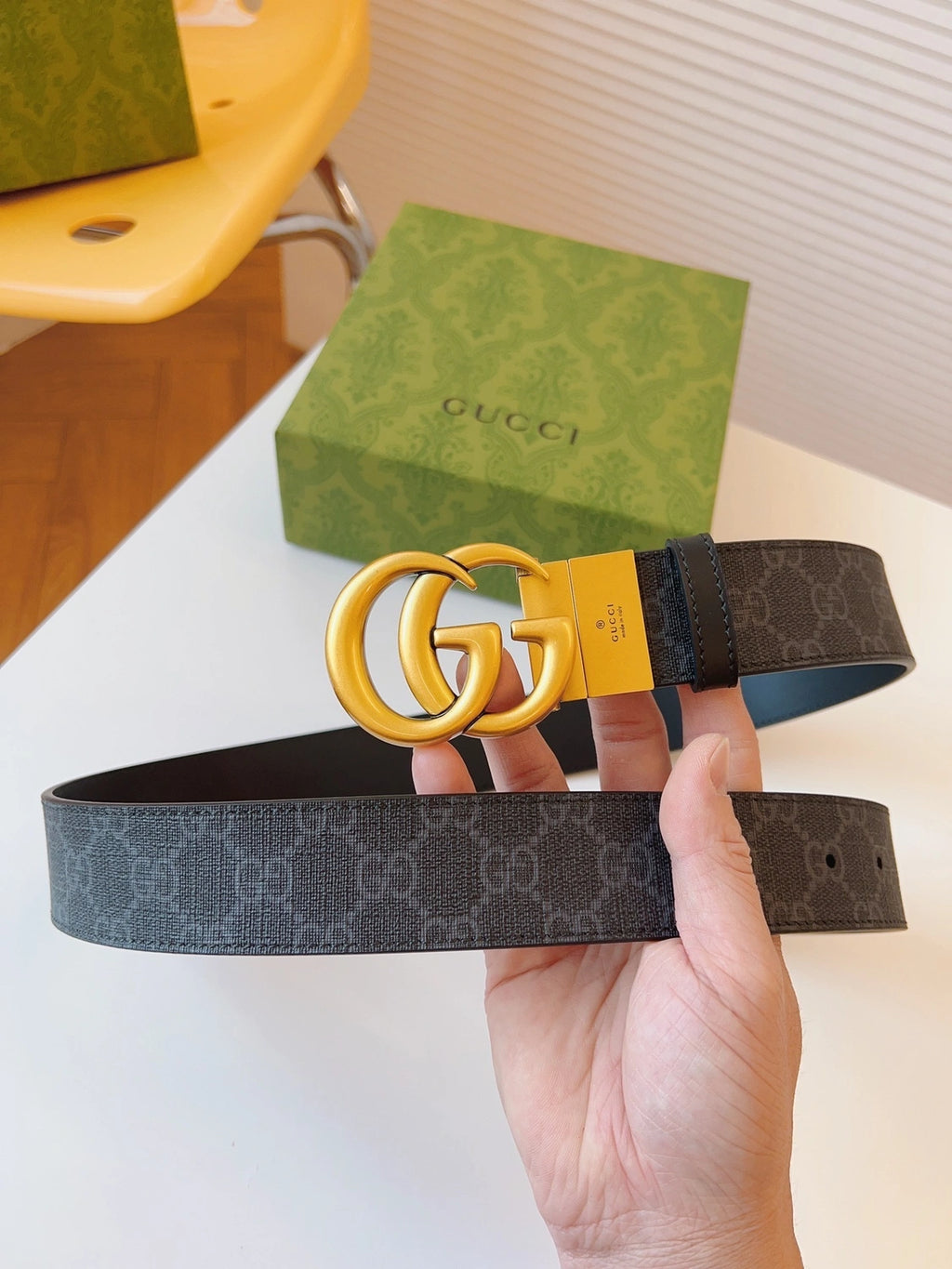Premium GG Monogram Belt with Gold Buckle - Hình 4