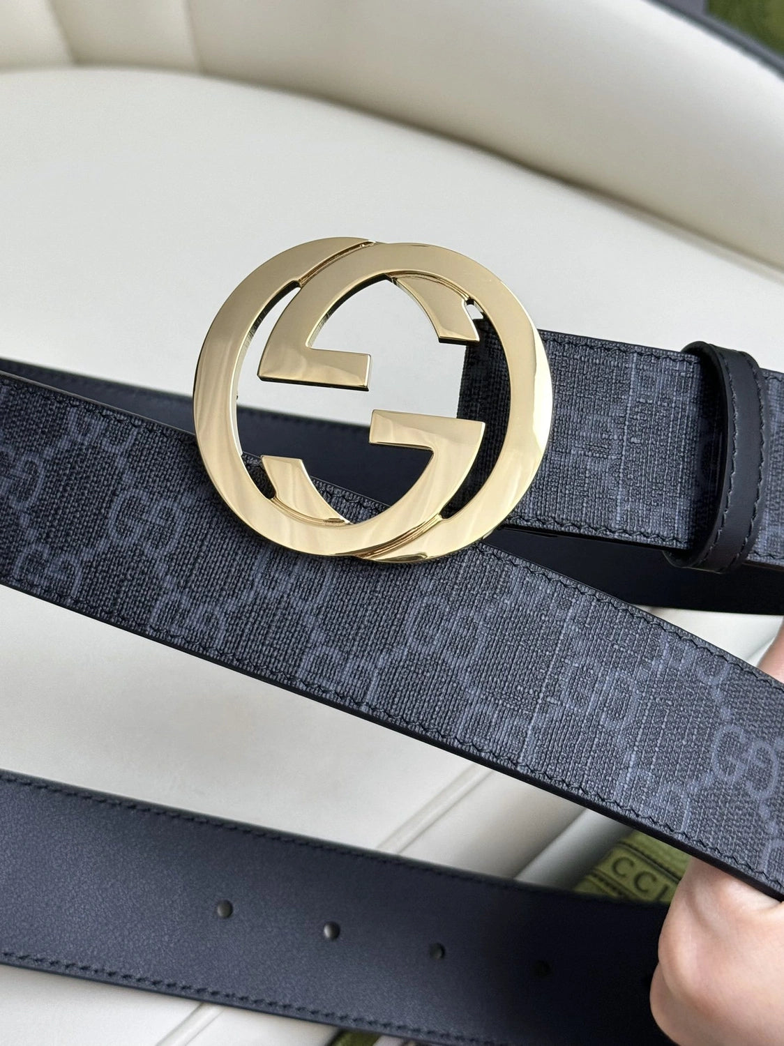 Gucci Inspired Premium Leather Belt with Gold Interlocking G Buckle - Hình 4