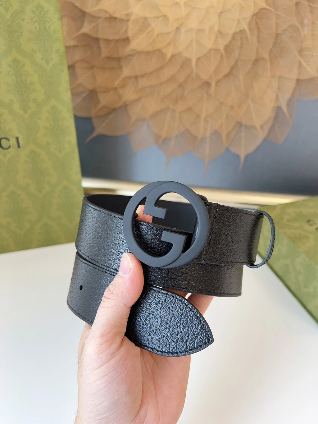 Premium Black Leather Belt with Iconic "G" Buckle - Hình 4