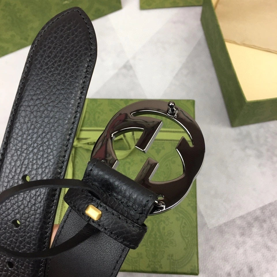 Gucci Premium Black Leather Belt with Interlocking G Buckle - Hình 4