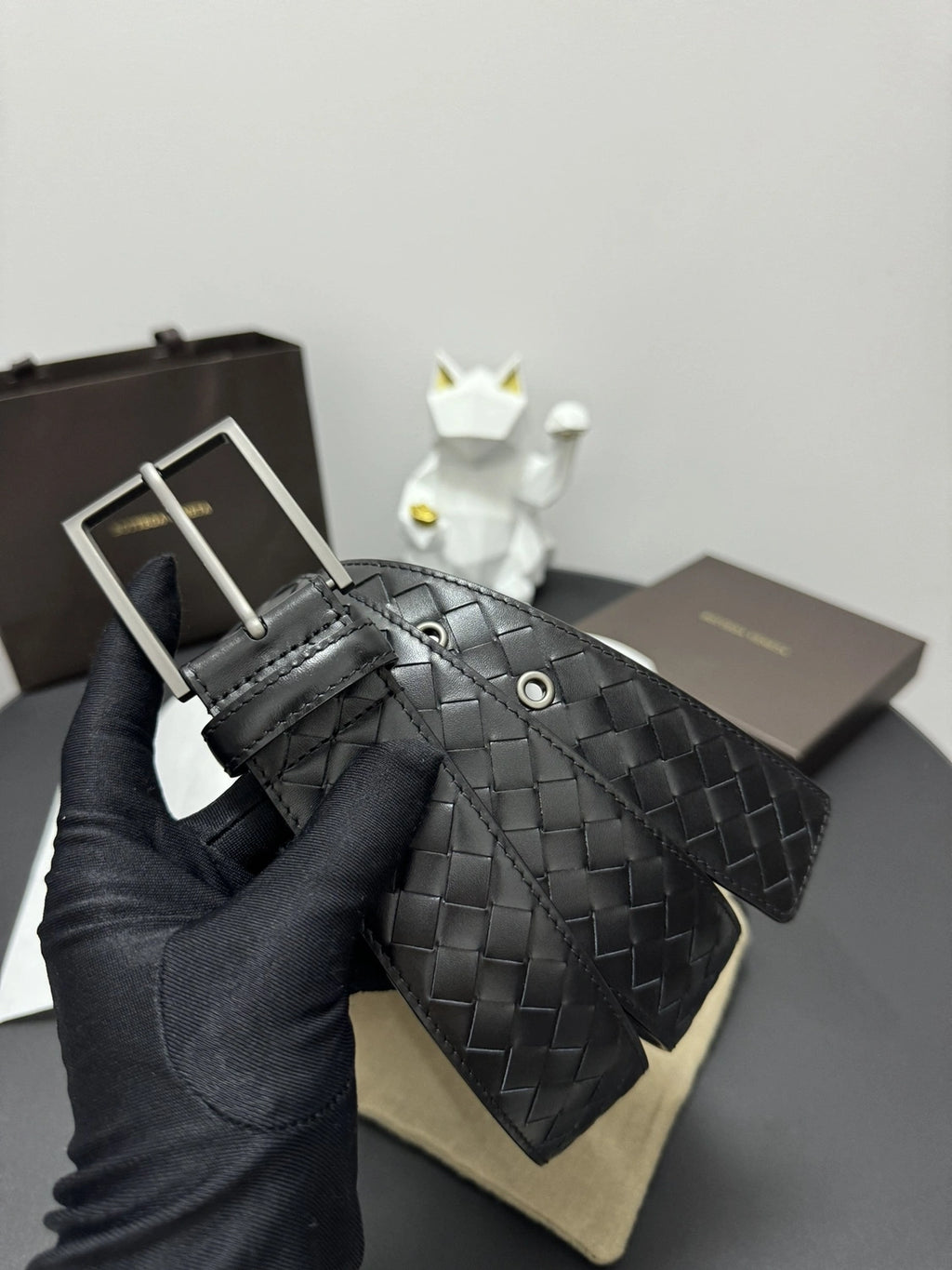 Bottega Veneta Premium Black Woven Leather Belt - Hình 4