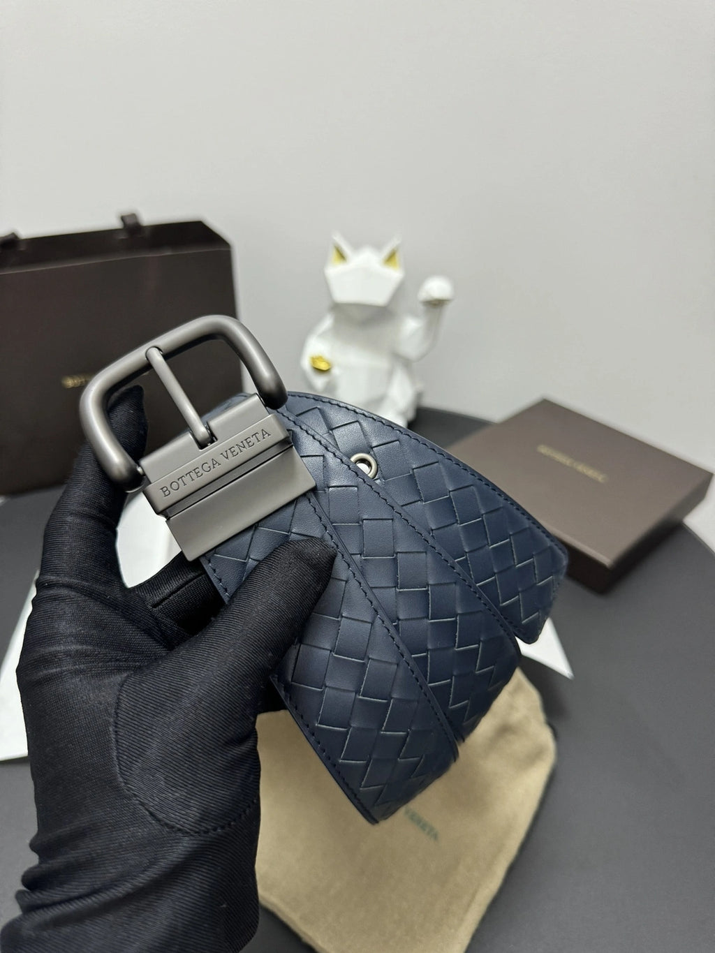 Bottega Veneta Premium Woven Navy Blue Leather Belt - Hình 3