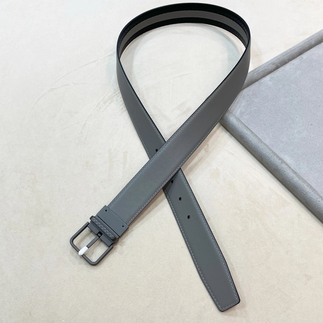 Premium Leather Belt with Black and Gray Stripe Design - Hình 4