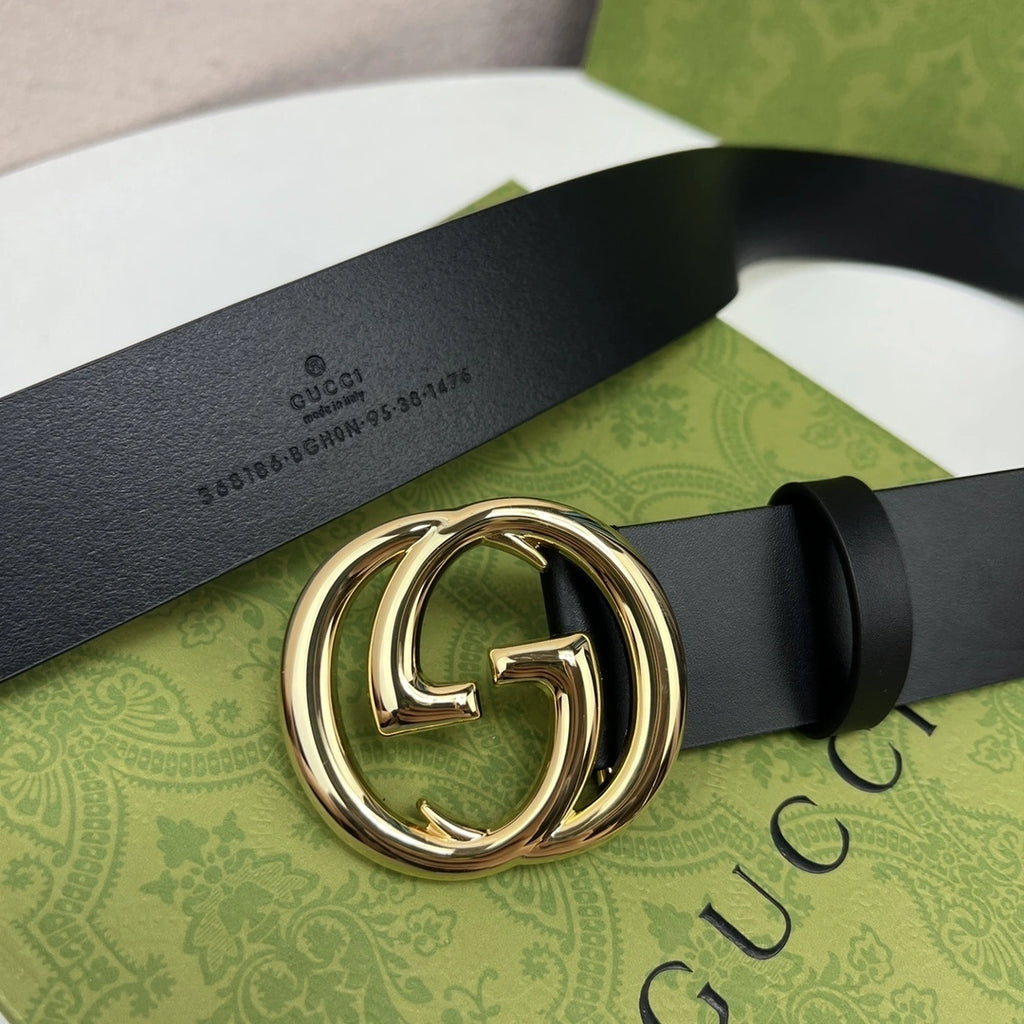 Premium Black Leather Belt with Gold GG Buckle - Hình 4