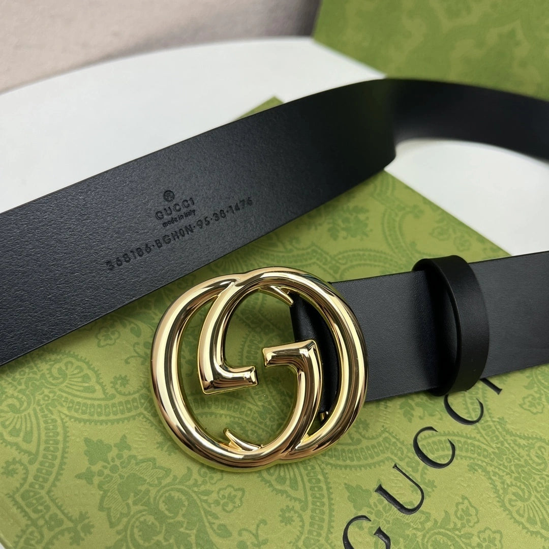 Premium Black Leather Belt with Gold GG Buckle - Hình 4