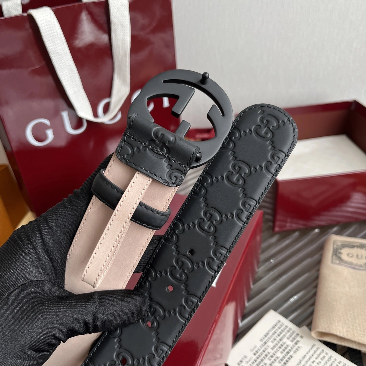 Gucci Signature Black Leather Belt with Matte Black Buckle - Hình 4