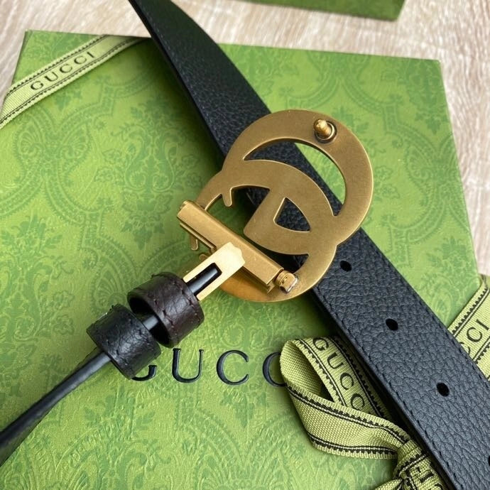 Premium Leather Belt with Gold GG Buckle - Hình 5