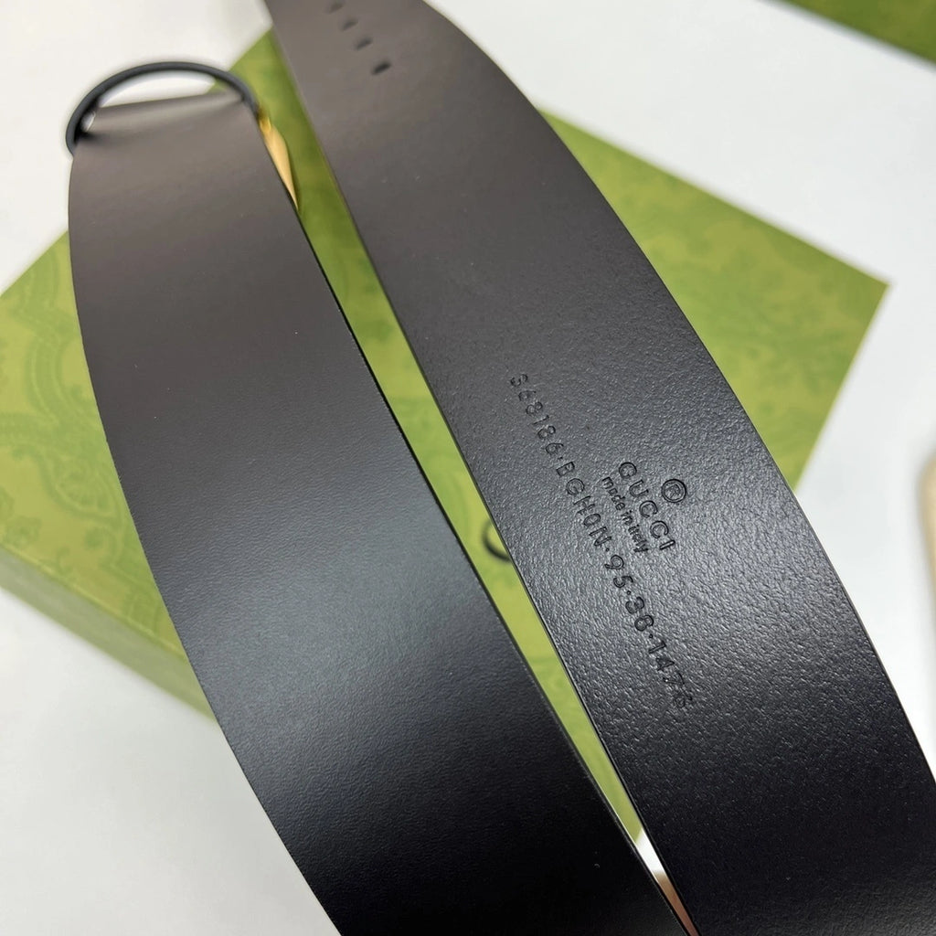 Premium Black Leather Belt with Gold GG Buckle - Hình 5