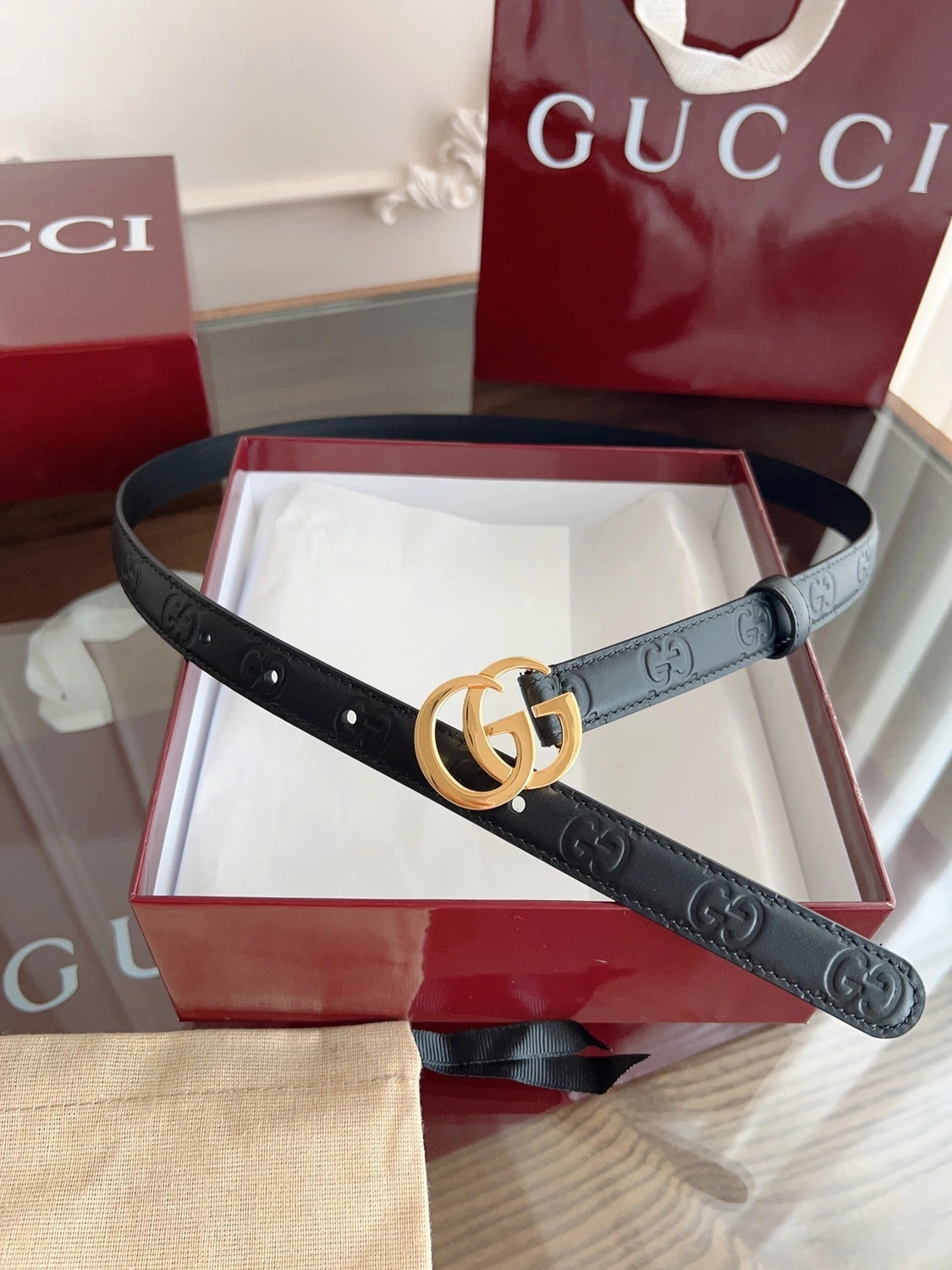 Premium Black Leather Belt with Gold GG Buckle - Hình 5