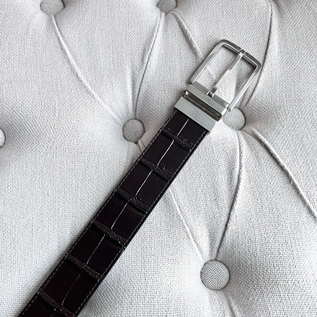 Premium Crocodile Embossed Leather Belt with Reversible Buckle - Hình 5