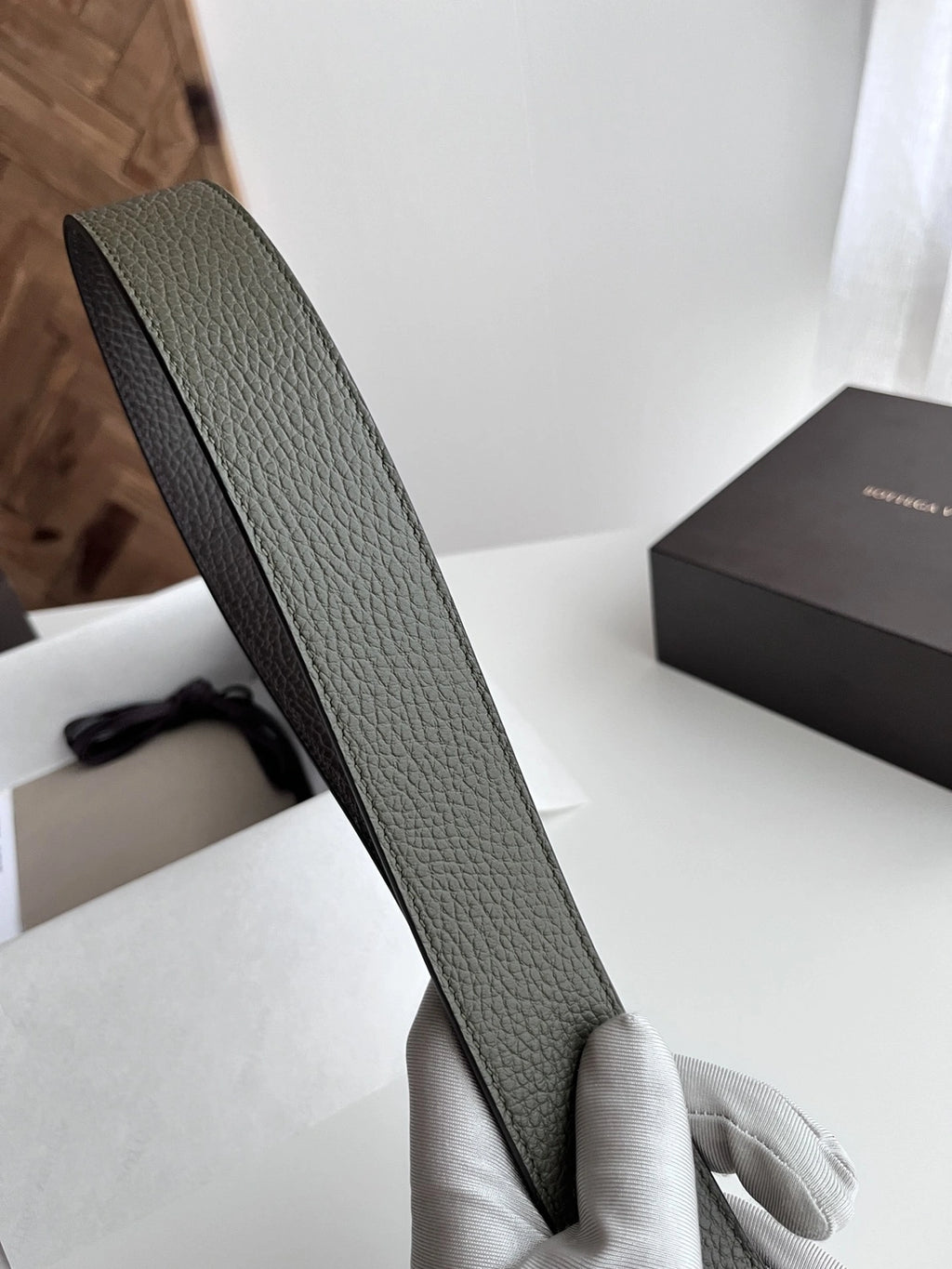 Premium Olive Green Leather Belt with Woven Buckle Detail - Hình 5