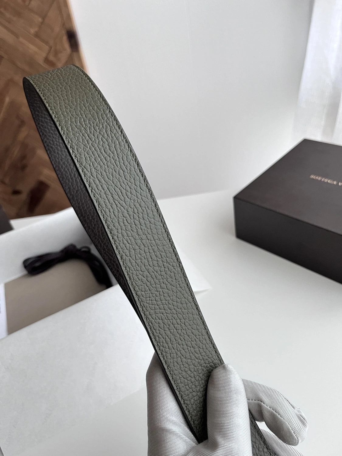 Premium Olive Green Leather Belt with Woven Buckle Detail - Hình 5