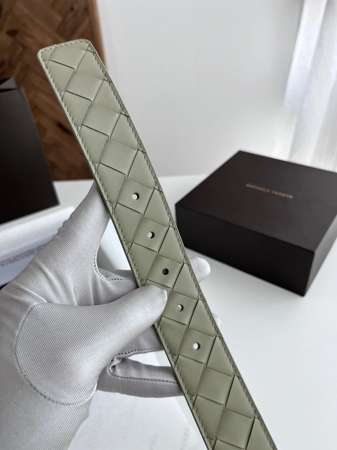 Premium Olive Green Woven Leather Belt with Black Buckle - Hình 5