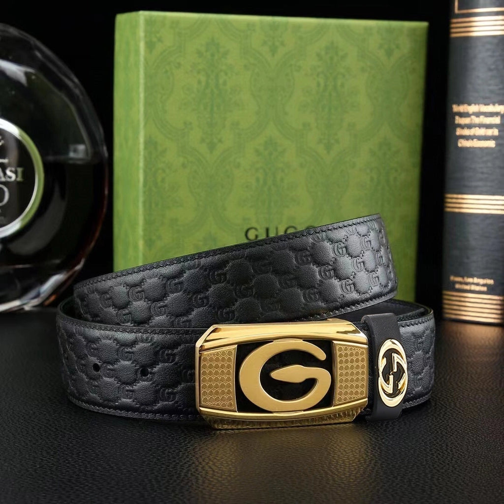 Premium black leather belt with iconic "G" buckle - Hình 5