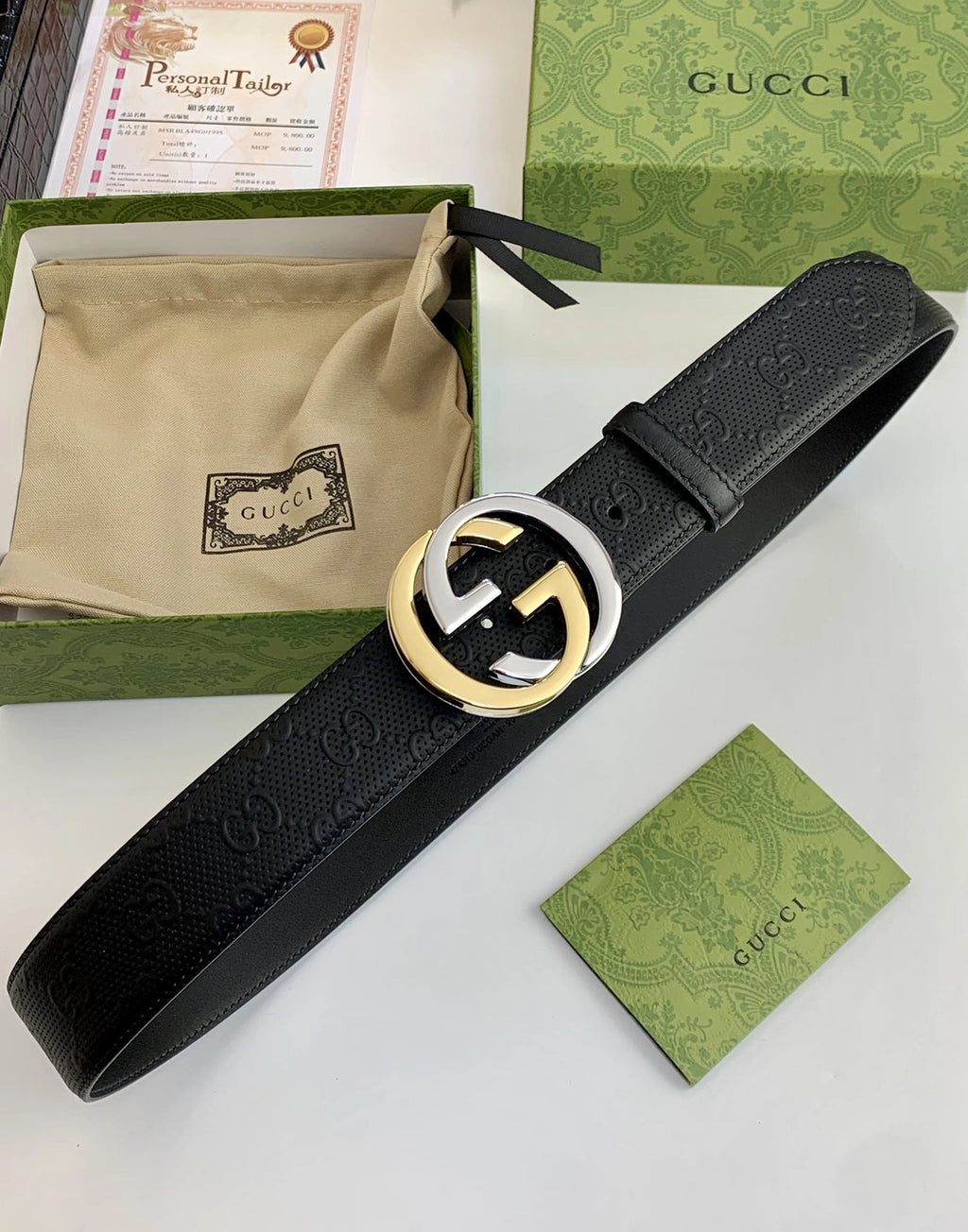 Premium black leather belt with gold and silver Gucci-inspired buckle - Hình 3