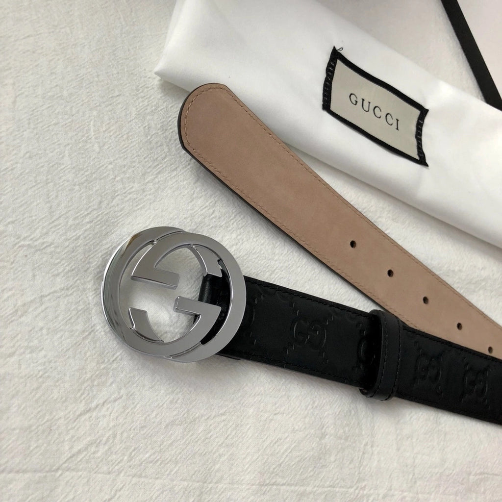 Gucci Black GG Embossed Leather Belt with Silver Buckle - Hình 5