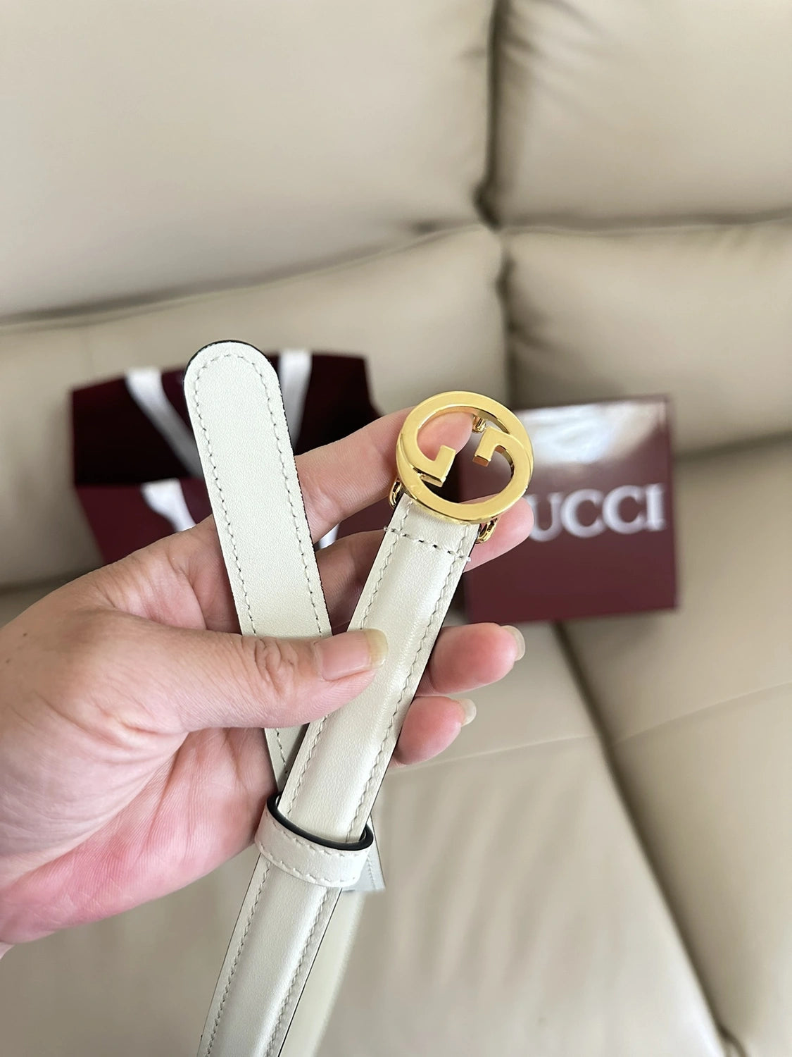 Ivory Leather Belt with Gold Gucci Inspired Buckle - Hình 5