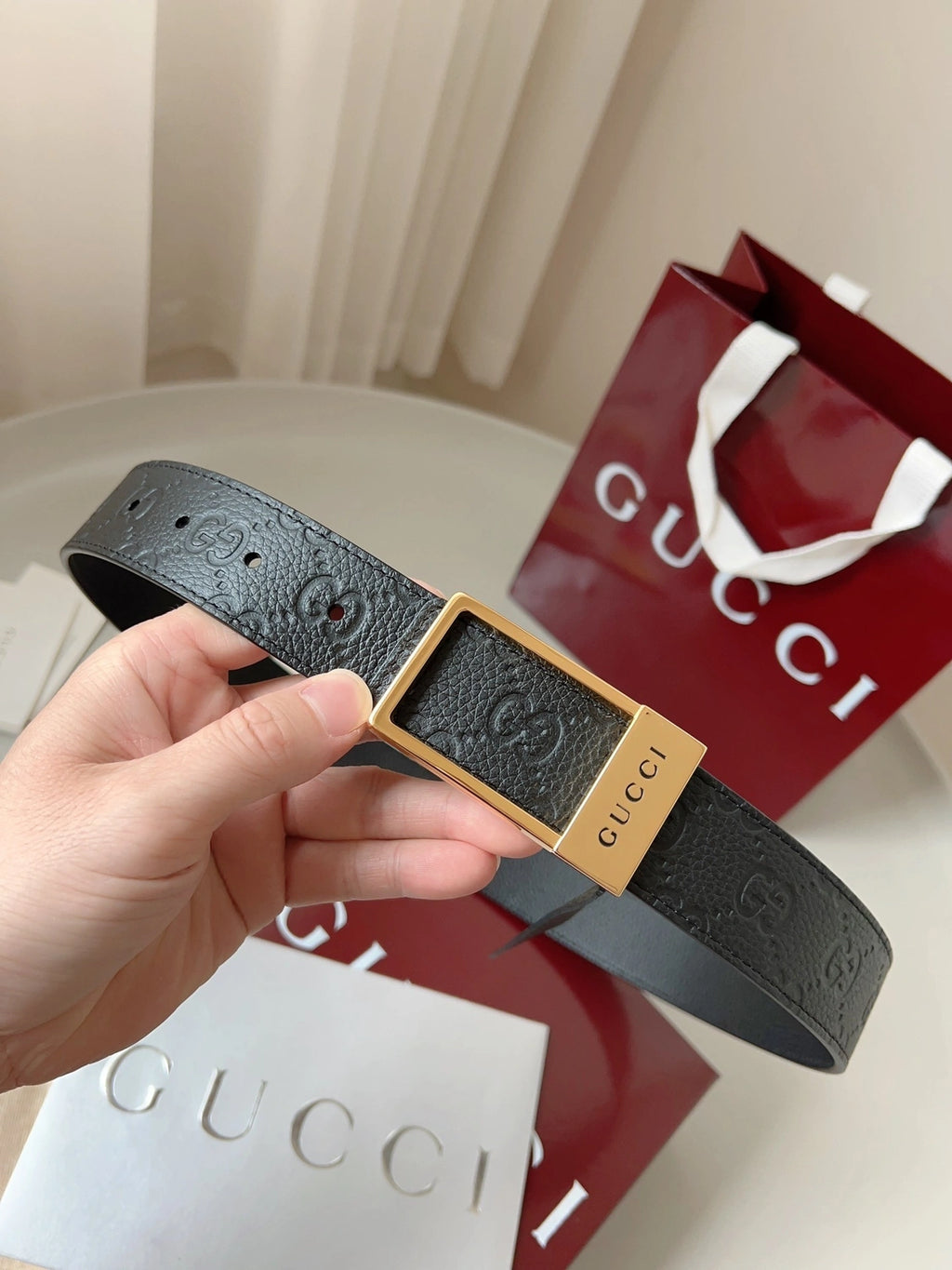 Premium Black Leather Belt with Gold Buckle - Hình 5
