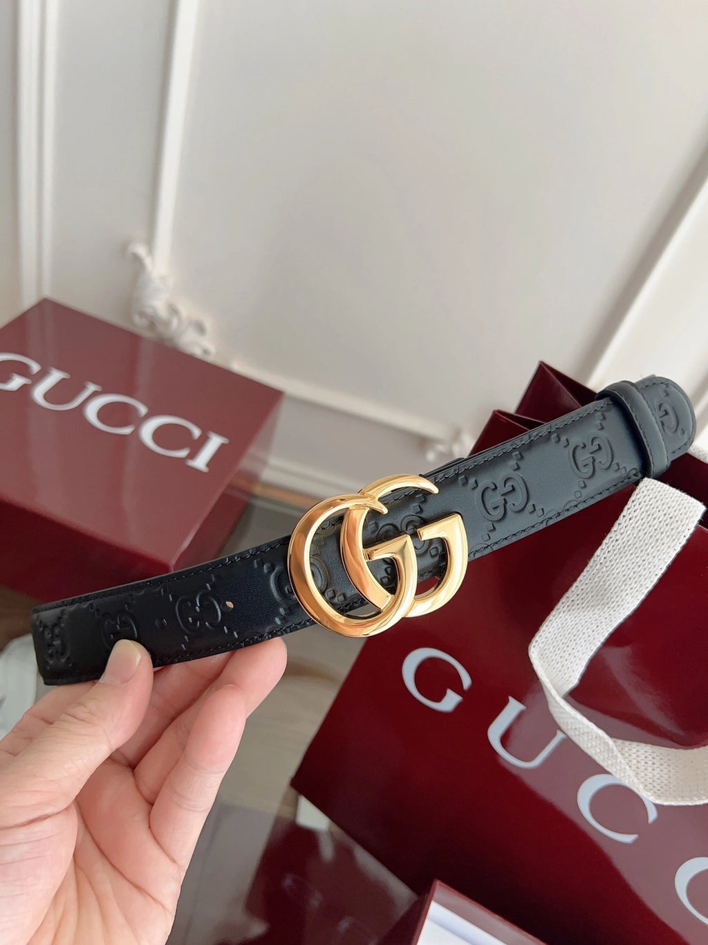 Premium Black Leather Belt with Gold GG Buckle - Hình 4