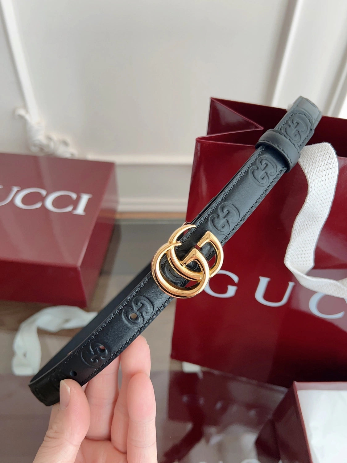 Premium Black Leather Belt with Gold GG Buckle - Hình 5