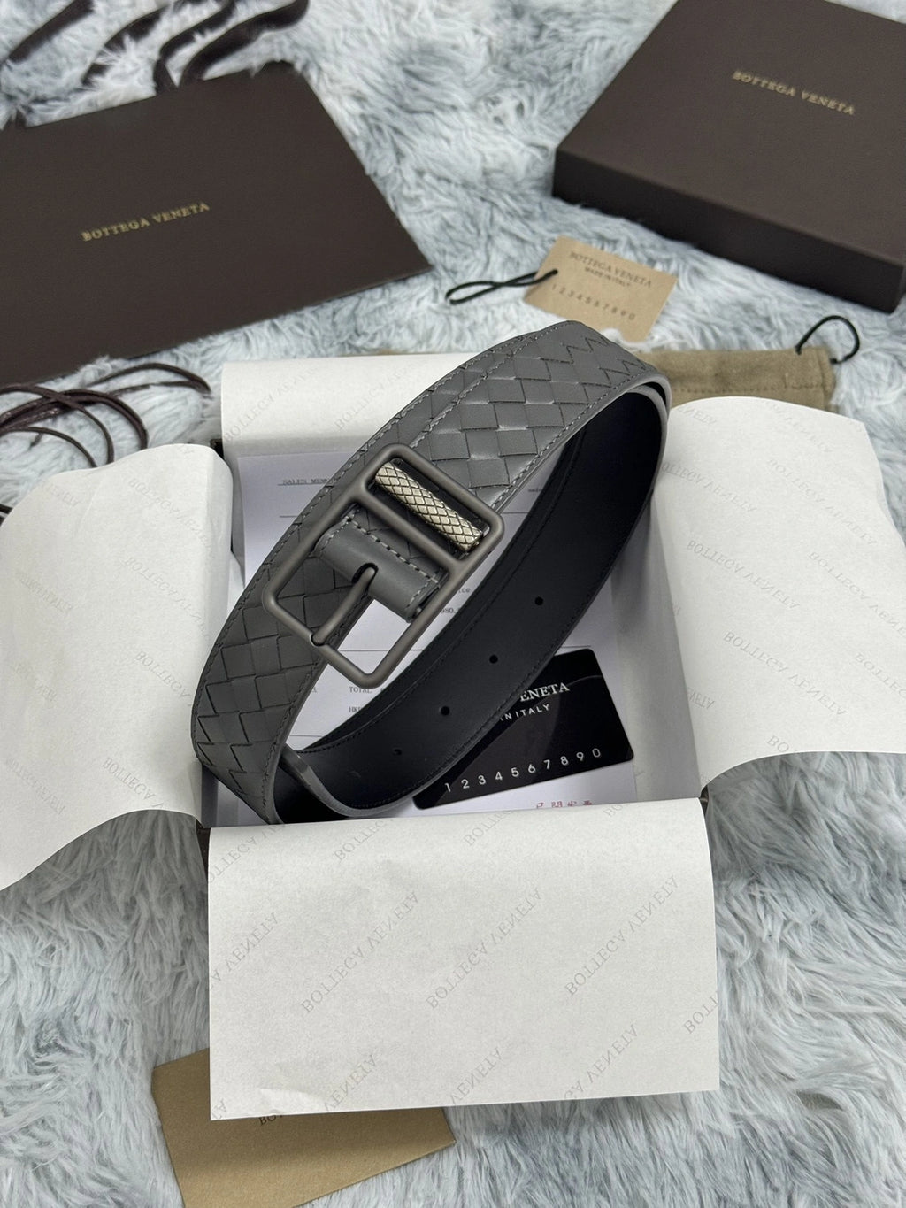 Bottega Veneta Premium Woven Leather Belt in Gray - Hình 4