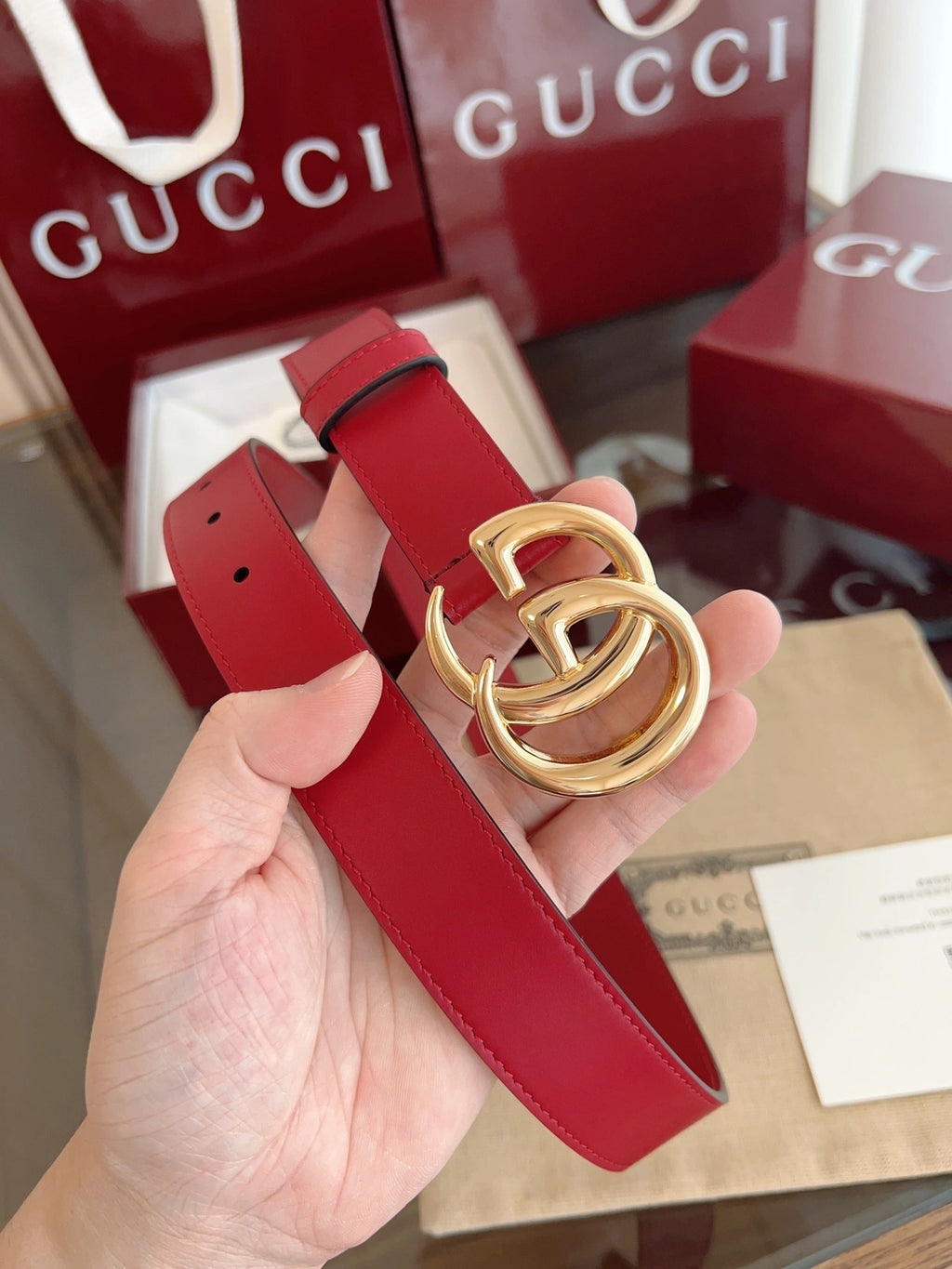 Red Leather Belt with Gold GG Buckle - Hình 3