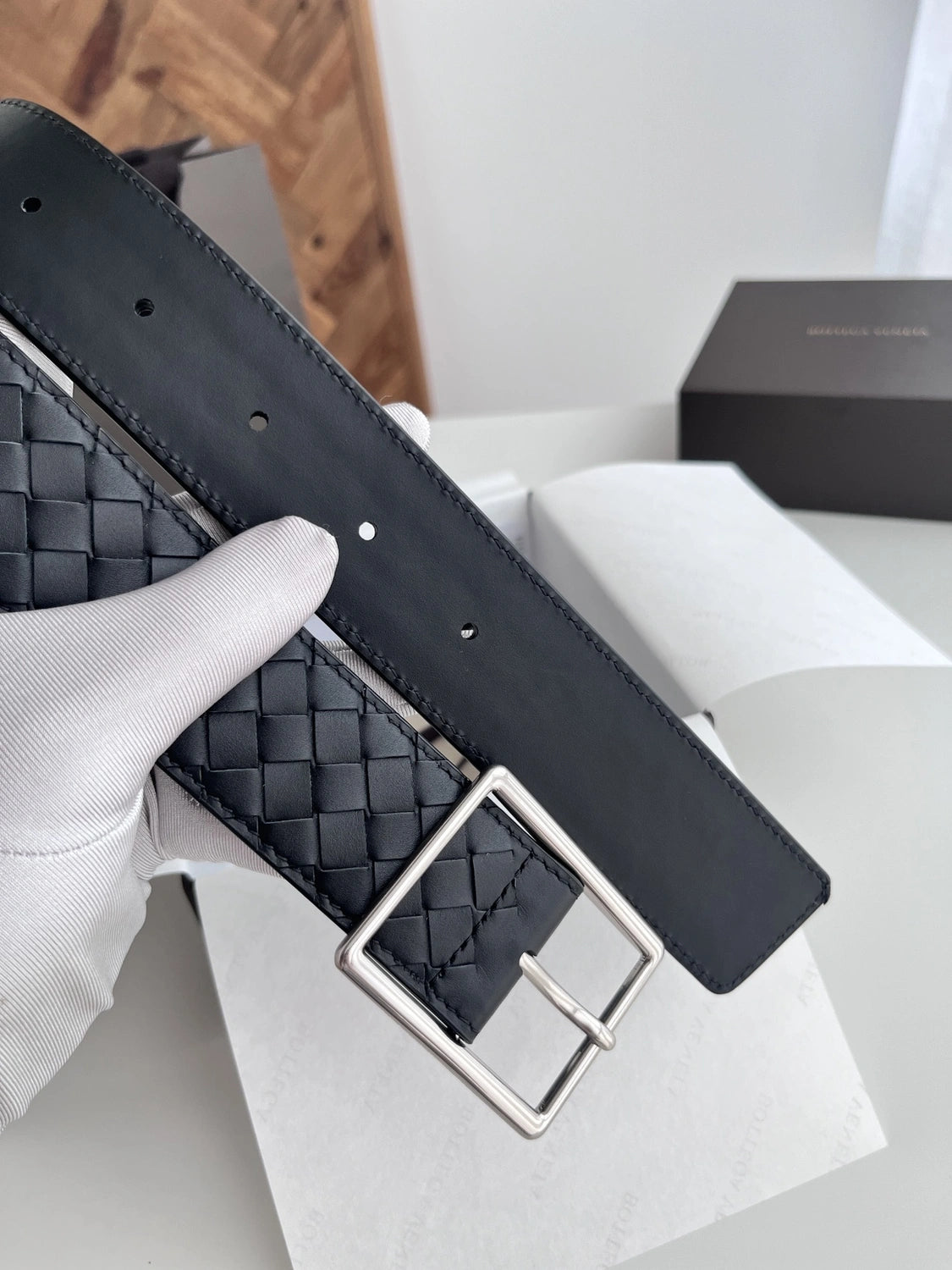 Premium Woven Black Leather Belt with Silver Buckle - Hình 5