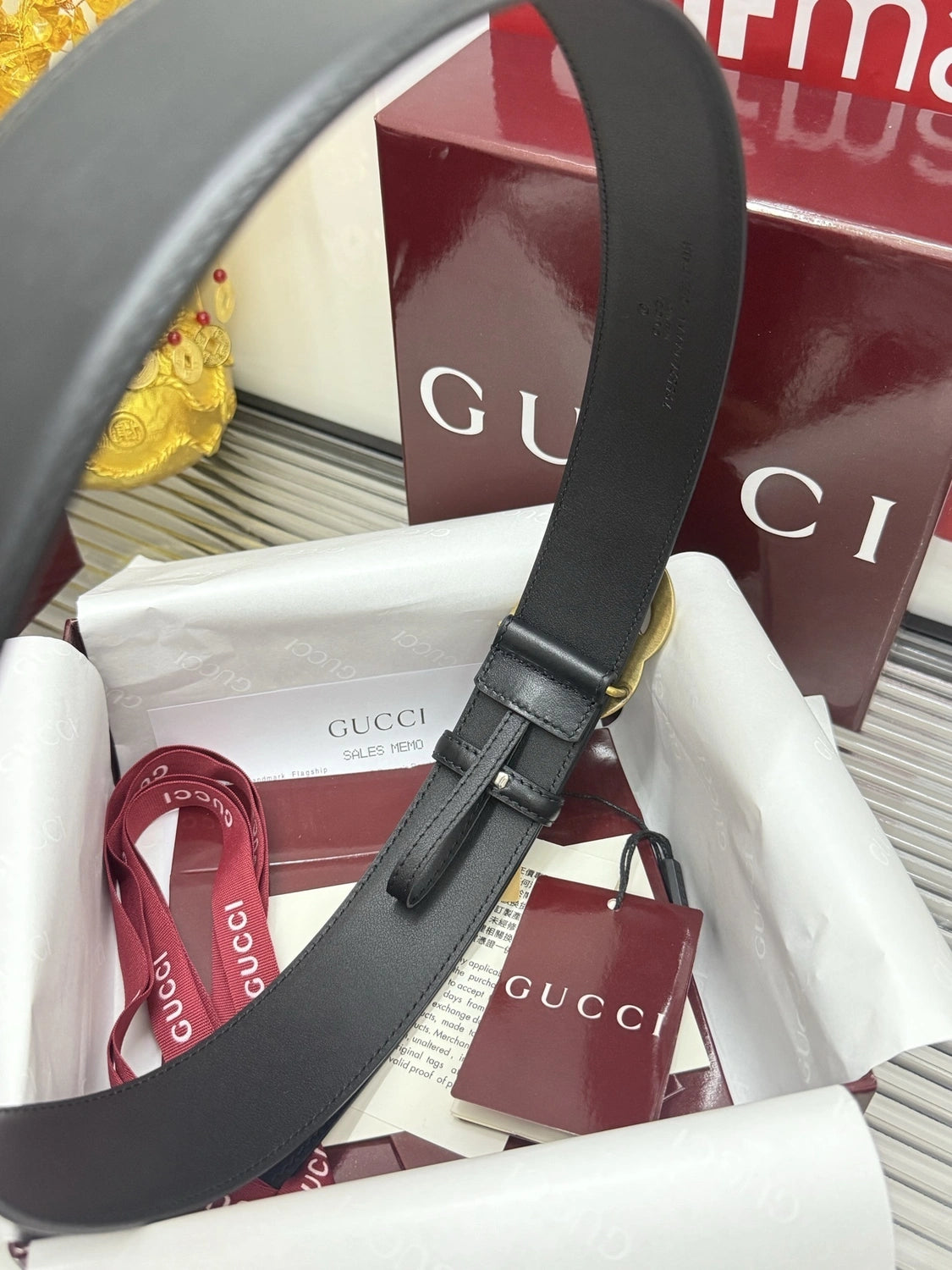 Premium Black Leather Belt with Gold Double G Buckle