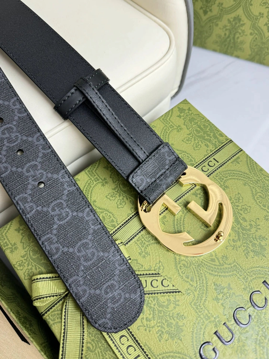 Gucci Inspired Premium Leather Belt with Gold Interlocking G Buckle - Hình 5