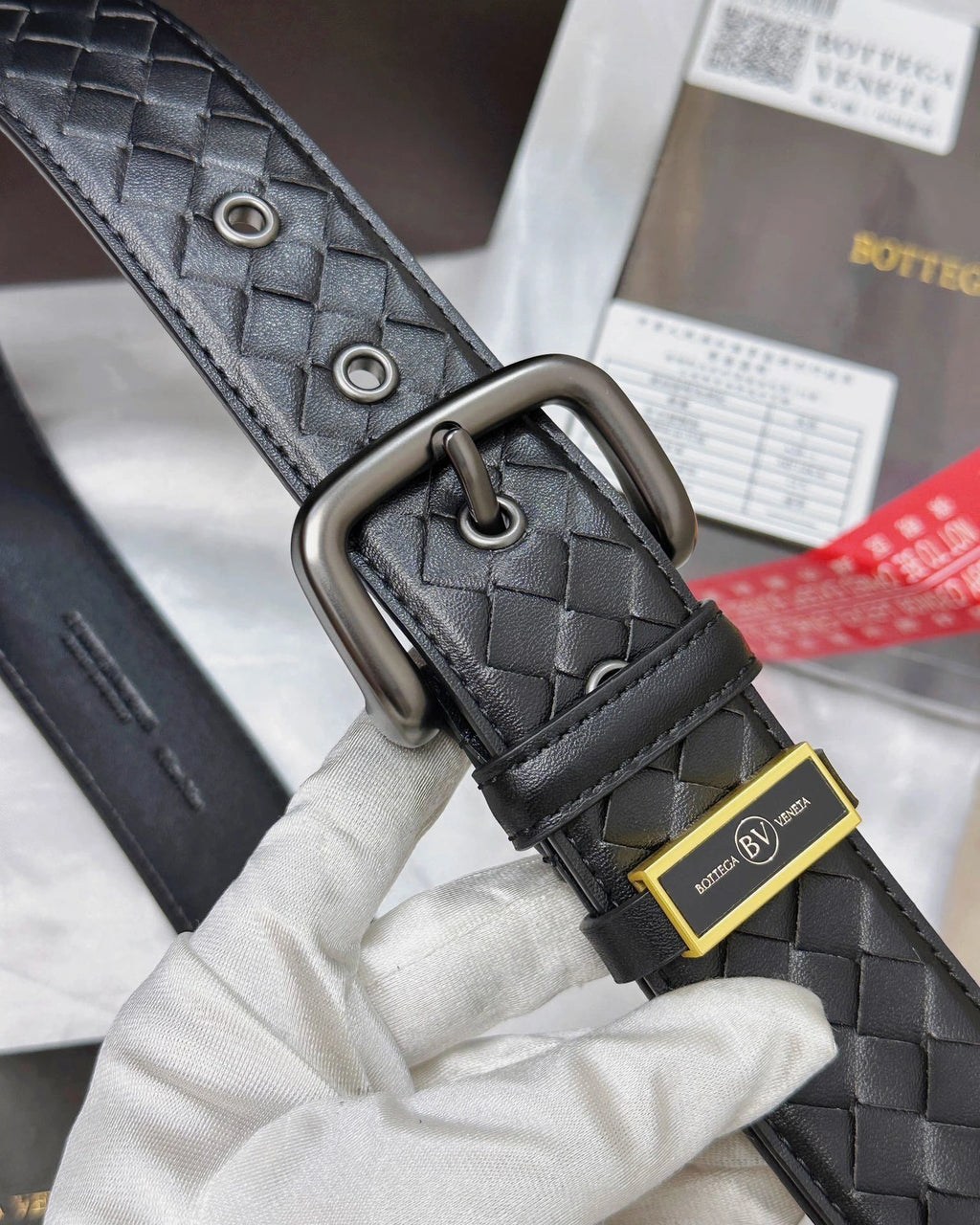 Bottega Veneta Premium Black Leather Woven Belt - Hình 5